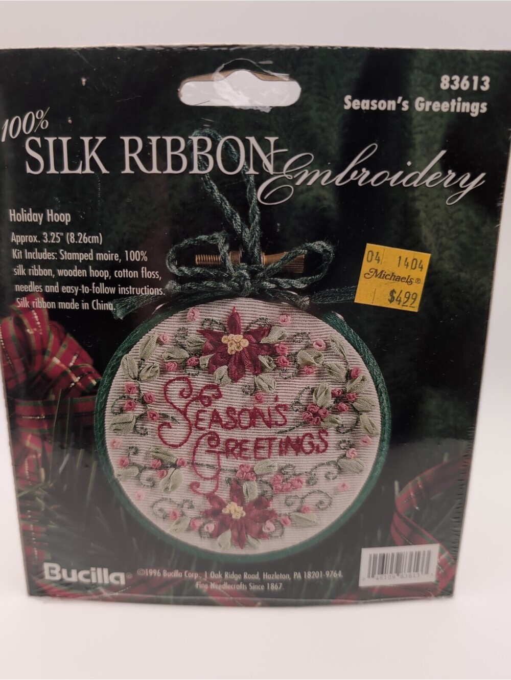 Vintage BUCILLA Silk Ribbon Embroidery Kit Holiday Hoop Season’s Greetings